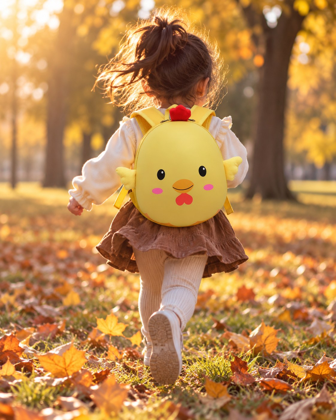 A child wearing a yellow chick backpack in an autumn park