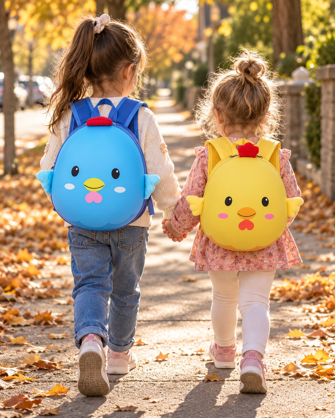 Two siblings wearing blue and yellow chick backpacks