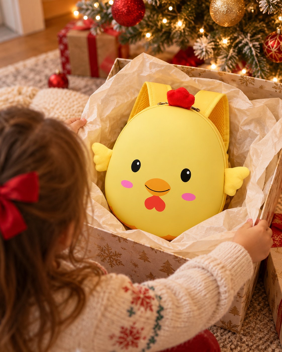 A child opening a chick backpack gift beside a Christmas tree