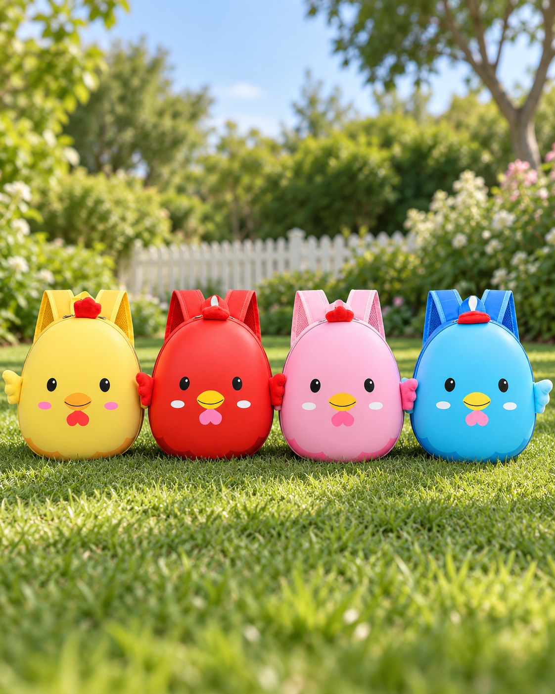 Yellow, red, pink and blue chick backpacks on green grass